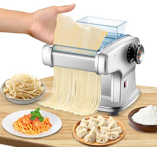 Electric Pasta Making Machine, 135W Automatic Pasta Maker Stainless Steel for Spaghetti, Fettuccini, Lasagna, with 4 Blade Widths(2mm,2.5mm,4mm&9mm) and 9 Thickness Settings(0.5-5mm)