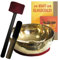 Klangschale Sangha Gold poliert 1100-1300g Handarbeit (Nepal) 6-tlg Set mit BUCH + Kissen + 2 x Klöppel (Reibe- & Therapieklöppel) 70072