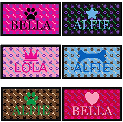 Futternapf-Matte für Hunde, Pfoten- und Knochenmotiv, gummierte Unterseite, personalisierbar mit Name und Emoji
