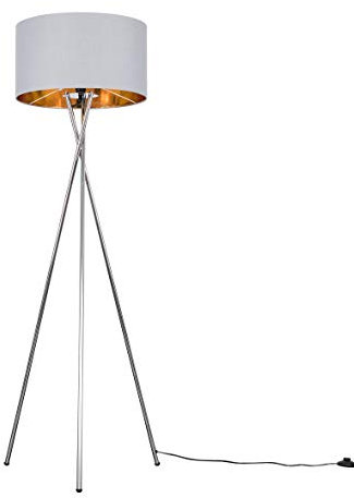 MiniSun | Modern Polished Chrome Metal Tripod Floor Lamp with a Grey & Gold Cylinder Shade - Complete with a 6w LED Bulb [3000K Warm White] | Floor Lamps & Home Improvements Essential