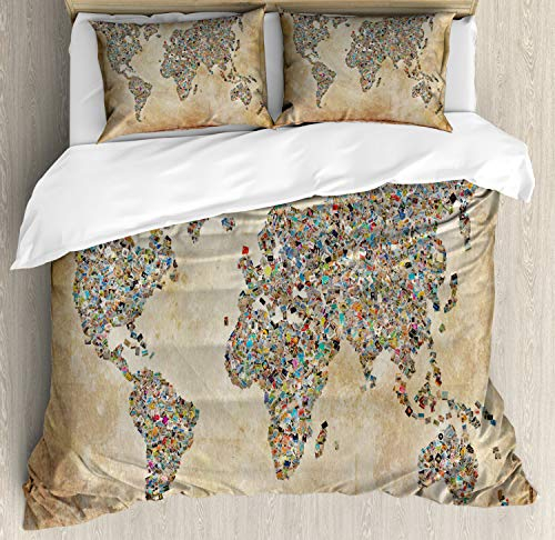 ABAKUHAUS Collage Bettbezugs Set Für Doppelbetten, Vintage Collage Weltkarte, Milbensicher Allergiker geeignet mit Kissenbezügen, 200 x 200 cm, Mehrfarbig Taupe