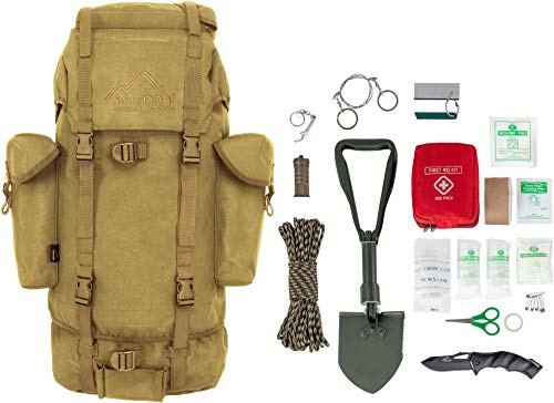 Survival Notfallset Überlebens Set BW Rucksack Kampfrucksack + BW Mini Spaten nach TL + Einhandmesser + Erste Hilfe Notfall Kit -19 Teilig Coyote OneSize