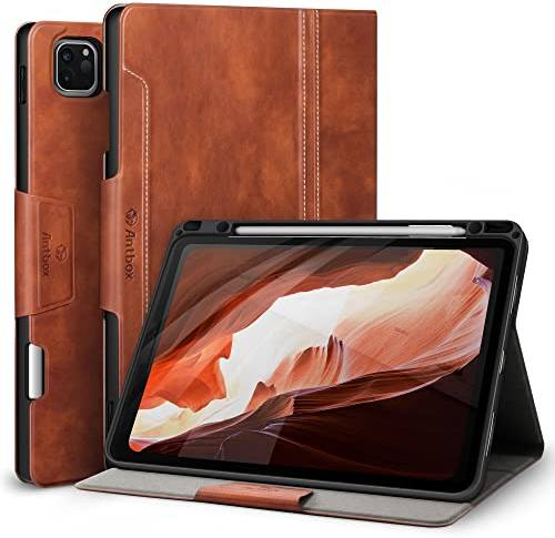 Antbox Hülle für iPad Pro 12.9 Zoll 2022/2021/2020/2018 (6./5./4./3. Generation) mit Stifthalter Auto Schlaf/Wach Funktion PU Leder Schutzhülle (Braun)