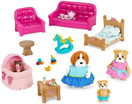 Li'l Woodzeez - Wohnzimmer- und Kinderzimmer-Set - Deluxe - Lil Woodzeez - Puppenhausmöbel-Set - Tierfiguren - Sofa, Kinderbett & Miniaturspielzeug - Kinder ab 3 Jahren