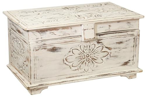 Oriental Galerie Truhe Holzkiste Holztruhe Schatztruhe Kiste Box Palmenholz Holzbox Blumen Schnitzereien Shabby Used Look Weiß Mittel 50 cm