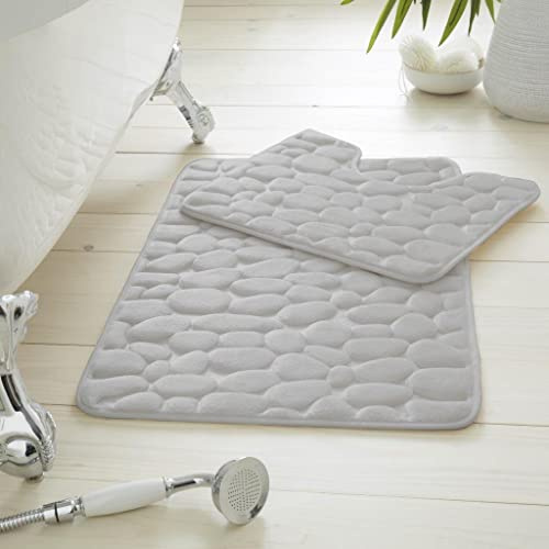 Artistic Fashionista Limited 2 Pieces Memory Foam Pebble Bath Mat Rugs for Bathroom - Non Slip - Super Soft - Extra Absorbent - Washable - Bath & Pedestal Bathroom Mats Toilet Shower Set (Grey)