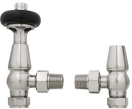 NRG Angled TRV and Lockshield Set, 15mm, Black Wheel, Satin Nickel | Black Hand Wheel, 15mm Connection, 1/2in Radiator Fit, Brass Body, Angled TRV, Lockshield Included, 10 Bar