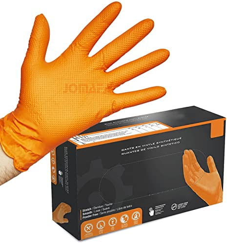 JOMAFA Guantes de Nitrilo DIAMANTADOS GRIP Super resistentes Reutilizables NARANJAS 7 micras / 8´5 gramos, pack de 90 (XL (10))