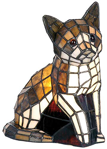 HAES DECO - Tiffany Tischlampe Katze 21x11x25 cm Braun Weiß Glas Tiffany Lampen Nachtlicht