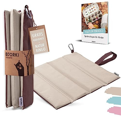 BJORKI® Sitzkissen Kinder - Faltbares Outdoor Sitzkissen mit optimalem Kälte- und Nässeschutz - Robuste Outdoor Sitzunterlage - Die Thermo Sitzmatte für Wandern, Stadion und unterwegs (Pastell Beige)