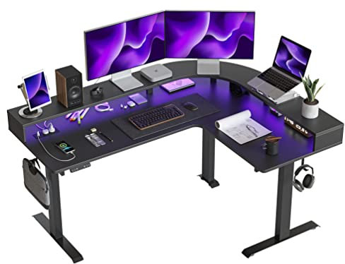 FEZIBO Triple Motor L Shaped Stadning Desk with LED Strip & Power Outrlets,160 cm Height Adjustable Stand up Corner Desk with Ergonomic Monitor Stand, Black Frame/Black Top