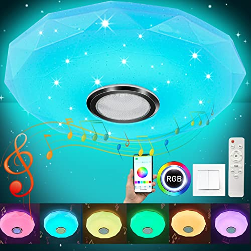 BIAOQINBO 30W Ø28cm Plafoniera con Altoparlante Bluetooth, Plafoniera LED Dimmerabile con Telecomando/Controllo APP, Riproduzione Musicale, Cambio Colore RGB per Bagno Camera da letto Soggiorno