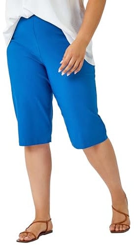 Roman Originals Knee Length Shorts for Women UK - Ladies Cropped Capri Stretch Bengaline Pants Crop Trousers Summer Legging Lounge Essentials Elasticated Casual Clothes - Blue Plus - Size 22