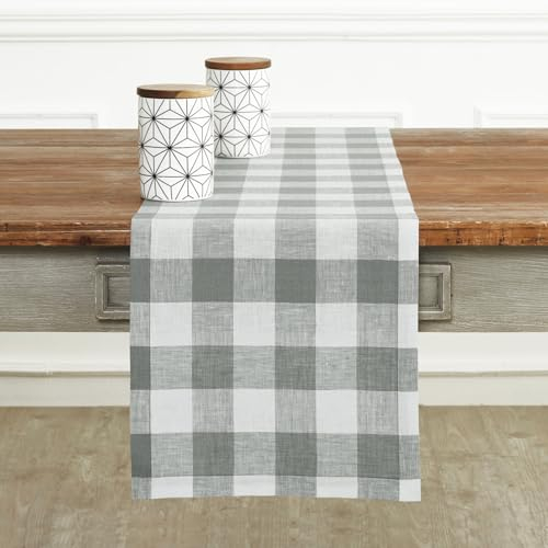 Solino Home Tischläufer aus Leinen, kariert, 335,3 cm lang, 100 % reines Leinen, grau und weiß, Buffalo Plaid Tischläufer, 35,6 x 332 cm, Landhaus-Tischläufer für den Sommer