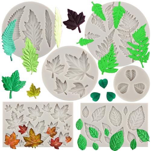 MYPRACS Set di 6 stampi in silicone per decorazione torte, acero, rosa, felce, per fondente, cupcake, caramelle, cioccolato, pasta di gomma, argilla polimerica