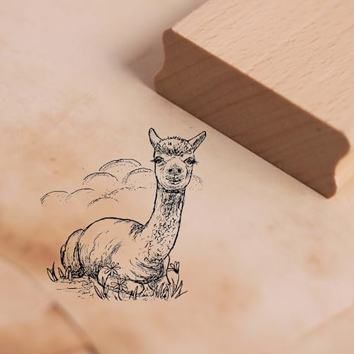 Motivstempel Alpaka liegt im Gras - Stempel Holzstempel 48 x 48 mm