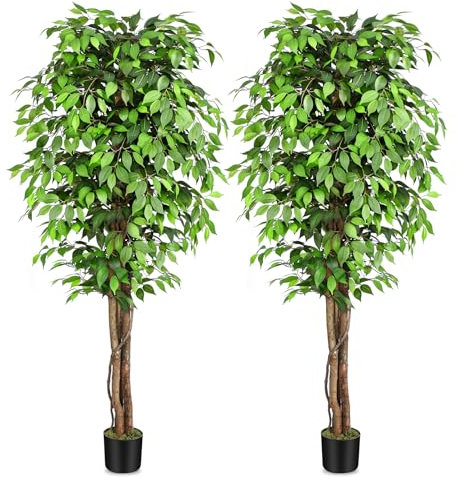 Keeplush Kunstpflanze Ficusbaum 210cm, Künstliche Pflanzen groß wie echt mit Stamm aus Naturholz, Kunstbaum groß für Wohnzimmer, Schlafzimmer, Büro, Garten (2 Pack)