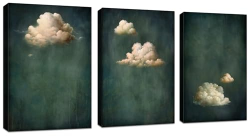 FajerminArt 3 Pcs Leinwandbilder Bilder mit Rahmen Minimalisti Dunkelgrüne und weiße Wolken bild auf leinwand Wandkunst Modern Wandbilder Kunstdruck Deko für Wohnzimmer Schlafzimmer 120x60cm(40x60x3)