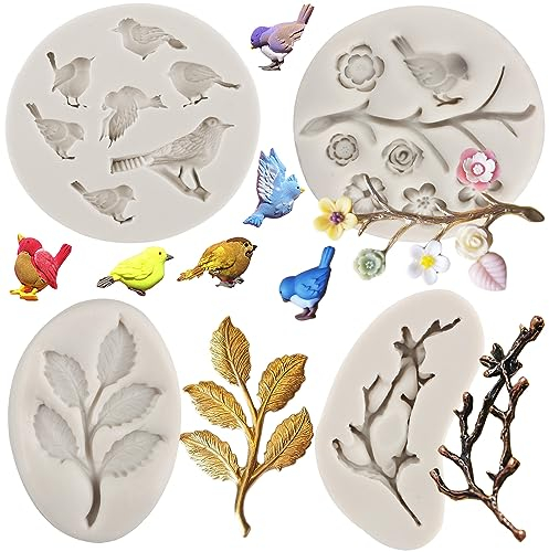 MYPRACS Bird Silicone Moulds Tree Branch Fondant Mould Flower Leaf Chocolate Mould for Sugar Cake Decoration Cupcake Topper Candy Polymer Clay Gum Paste Set of 4