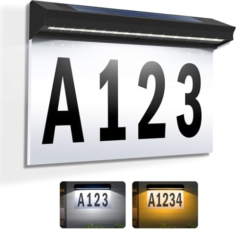 T-SUNUS House Numbers Plaques with Solar Light, IP65 Waterproof Door Number Plaques for Wall House Numbers House Signs for Outside, 30 SMD LEDs Super Bright & 2 Colour Temperatures Door Signs