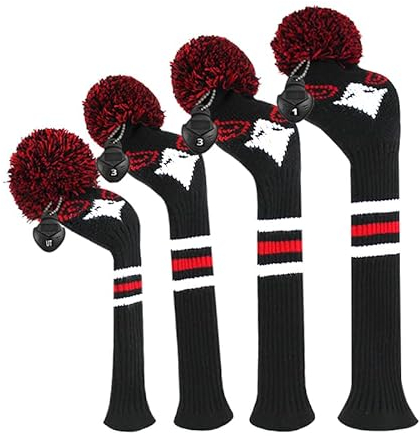 Scott Edward Gestrickte Golfschlägerhauben 4 Stück, handgefertigt, passt gut für Fahrer- und Fairwayhölzer mit langem Hals, Pompon, Golfschlägerhauben (Schwarz / Rot / Adler)