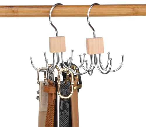 LMSAWK 2 Pezzi Rotazione a 360 Gradi Appendiabiti per Cravatte, Portacinture in Legno, Appendiabiti Per Cravatta, Per Calzini, Cintura, 6 Ganci, Colore del Legno