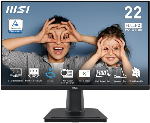 msi PRO MP225, 22-inch IPS 1920 x 1080 (FHD) Computer Monitor, 100Hz, Adaptive-Synch, HDMI, Video Port, VESA Mountable, Tilt, 1ms, Black