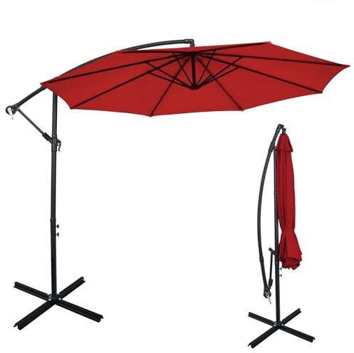 COSTWAY 3M Garden Cantilever Parasol, 8 Ribs Outdoor Offset Banana Hanging Umbrella with Crank Handle, Cross Base and Tilted Design, Sun Shade Canopy for Poolside, Deck & Patio (Wine)