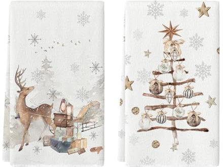 Artoid Mode Copos de nieve, árboles, regalos, renos, Navidad, paños de cocina, paños de cocina, 42 x 65 cm, para invierno, decoración navideña, toallas de poliéster, juego de 2 unidades