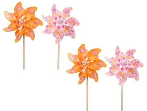 dekoratives Windrad Windmühle auf Stab PVC orange und rosa Sortiert mit Blütenmuster in verschiedenen Größen (groß 4 x)
