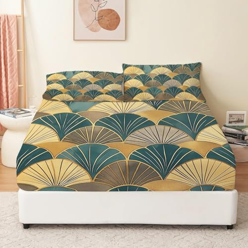 Fitted Sheets Single 90 x 190 cm (35 x 75 in) Elegant Fan-Shaped Lines Texture Print Sheets Gold with Deep Pocket 30 cm Microfiber Fitted Bed Sheets for Adults Soft Breathable Home Decor