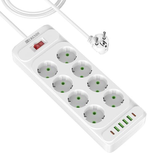 Multiprise 8 prises, avec 4 USB A et 2 USB C, multiprise 8 compartiments, avec interrupteur, montage mural pour la maison, le bureau, 2 m, blanc