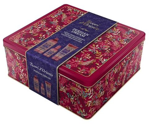 Tesori d'Oriente Set Regalo, Bagnocrema 500 ml, Doccia 250 ml e Profumo Aromatico 100 ml, Fragranza Persian Dream, Confezione Regalo, Scatola in Latta