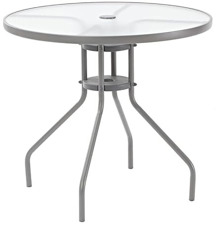 NATERIAL Elias Table ronde pour jardin en verre facile à nettoyer pour 2 à 4 personnes, structure en acier gris, avec trou pour parasol