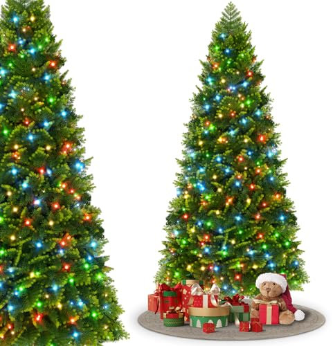 XMTECH Árbol de Navidad artificial de 210 cm, color verde, con luces LED de colores, ramas realistas de polietileno, PVC y soporte de metal, decoración navideña reutilizable