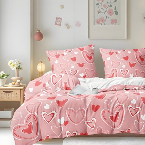 Gezu Housse de Couette 240x260cm Cœur Rouge Blanc Ado Adultes Parure de Lit 2 Personnes avec Fermeture Éclair Filles Housse Couette en Microfibre Doux Respirant avec 2 Taies d'oreiller 65x65cm