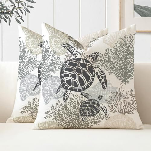 Miuyunya Outdoor Kissen Seestern 50x50 cm Wetterfest Maritim Kissenbezüge 2er Set Seepferdchen Schildkröte Seestern Kissenhülle Frühling Sommer Polster Wasserfest Kissenbezug für Garten Wohnzimmer