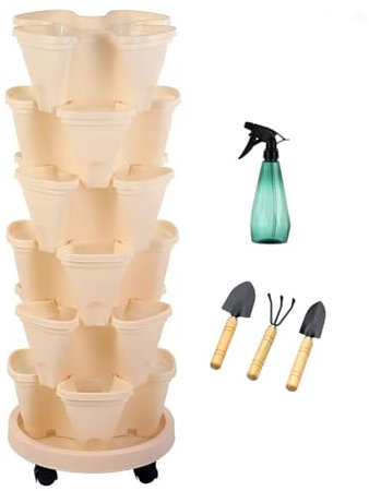 NNYCC Tour de Jardin Verticale 6 Niveaux Pots de Fleurs avec roulettes Mobiles, Empilable Jardinière de Fraises Plantes légumes Fleurs pour l'intérieur et l'extérieur,Beige