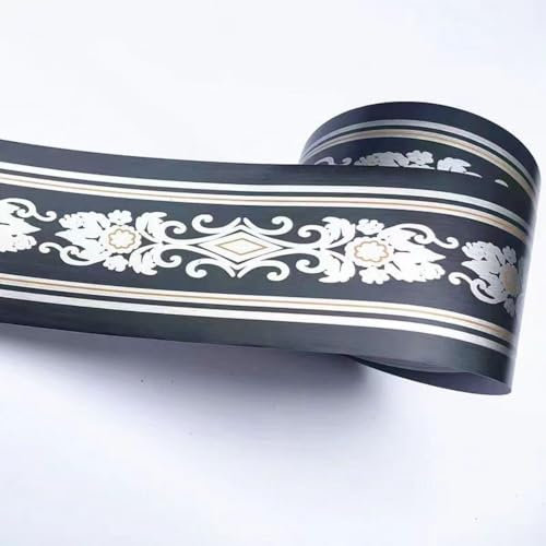 VisitRyl Black Silver Wallpaper Border Self Adhesive Wall Tiles Decorative, Peel and Stick Wall Border Bathroom Stickers Black Silver European Flower 12cm X 1000cm