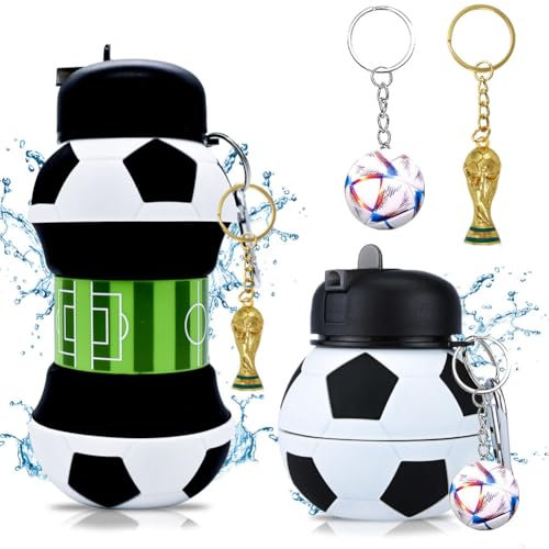 REYOK Trinkflasche Fußball 550 ml,BPA frei Wasserflasche aus Silikon für Schule, Freizeit und Sport,Faltbare Wasserflasche für Jungen und Erwachsene (Rot Fußball Schlüsselanhänger)