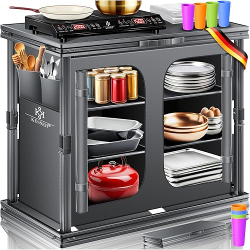 KESSER® Camping Küche faltbar | Outdoor Campingschrank 84x80cm | Küchenschrank mit Aluminiumgestell, 6 Fächer inkl. 4er Becherset, Seitentaschen & Fliegengitter | Campingküche aus UV-resistentem Stoff