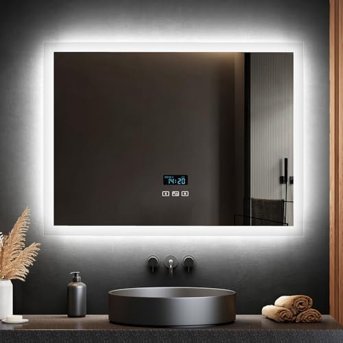 EMKE Bluetooth Bathroom Mirror with Lights and Shaver Socket, 600 x 800 mm Backlit Bathroom Mirror with LED Lights, Digital Display/Bluetooth Speaker/Shaver Socket/Anti-fog/Dimmable, Horizontal, IP44