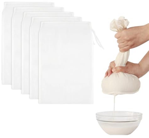WUSJCOF Garza Alimentare, 5 pezzi Riutilizzabili, Tessuto a maglia fine in nylon, Con coulisse, Ideale come colino di cotone per scolare formaggio, tofu, succhi, e alimenti (20 × 30 cm)