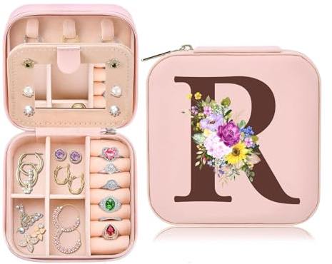 Schmuckkästchen Klein, Schmuckschatulle für Mädchen, Schmuckbox Damen, Reise Schmuck Etui, Jewelry Organizer Leder, für Ohrringe Halsketten Ringe, Hochzeit Geburtstag Muttertag Geschenk(Initialen R)