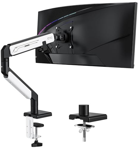 ETHU Single Gas Spring Monitor Arm with Pole for 17-40 Screens up to 14kg | Heavy Duty VESA Desk Mount, Full Motion Adjustable Monitor Stand,C-Clamp and Grommet Installation, Office and Home Use, Black