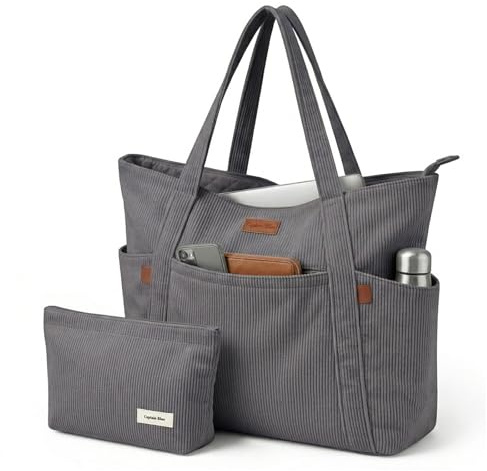 Captain Blues Cord Tasche Damen, Große Tote Bag mit Laptopfach, Shopper Tasche Damen mit Reißverschluss und weichem Baumwollfutter, Strandtasche, Arbeitstasche für Uni, Schule, Lehrer