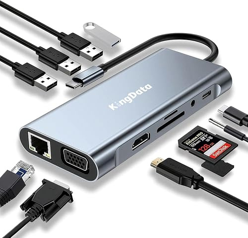 KingData 11 in 1 USB C Hub Docking Station, Type C Multiport Adapter with HDMI, VGA, RJ45 Ethernet, PD Charging, USB 3.0, HDTV, SD TF Card Reader and Audio for Dell HP Lenovo Surface MacBook Laptops