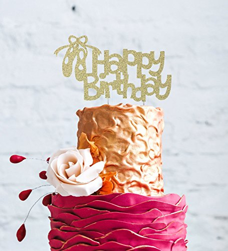 Happy Birthday Ballerina Cake Topper - Glittery Gold Ballet Shoe Cake Decoration