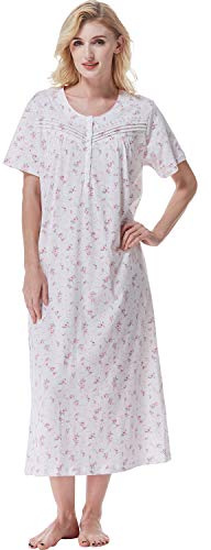 Keyocean Chemise de Nuit Femme Coton Longue Robe de Nuit à Manches Courtes | Nuisette Été Doux Ample, Vêtements de Nuit avec Boutons, Nightgown Léger