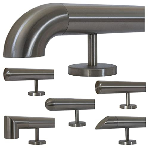 TIBU Edelstahl Handlauf 30-600cm Wandhandlauf 33,7 mm Treppengeländer mit geraden Edelstahlhalter - Länge 50 cm und Ende Bogen zur Wand